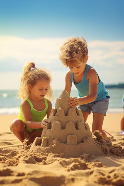 Foto due bambini che costruiscono un castello di sabbia sulla spiaggia