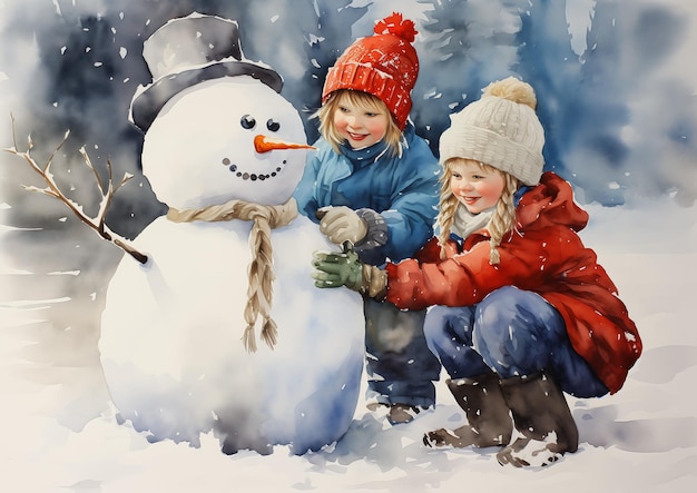 two children building snowman snow illustration face siblings wearing santa hat happy faces pencil