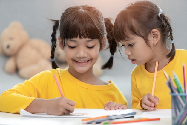 Two children draw a picture together on a sheet of paper at home