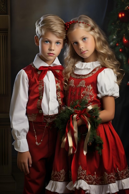 Двое детей одеты на Рождество Празднование Рождества
