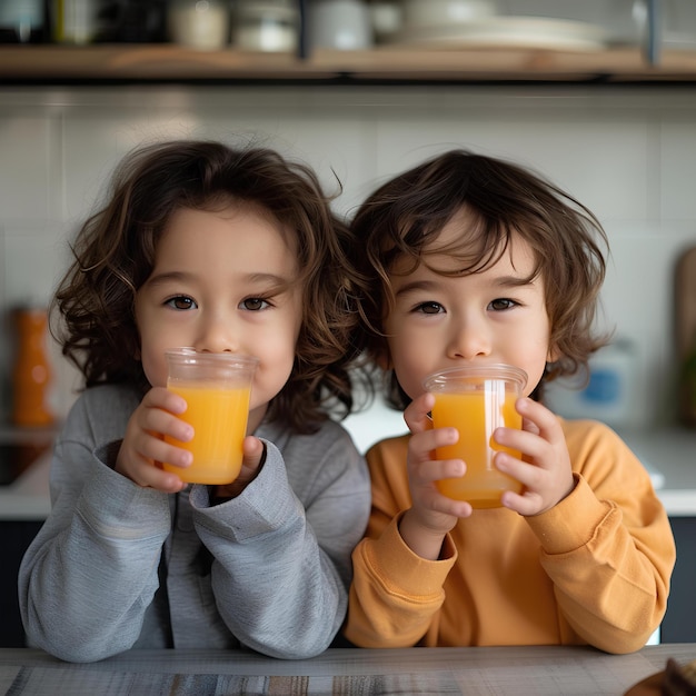 Two children drinking orange juice