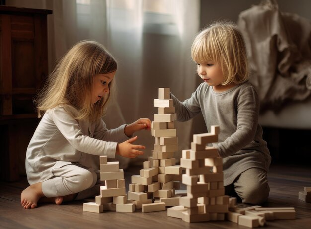Фото Двое детей занимаются творческой игрой на полу в игровой детской комнате, используя красочную игрушку