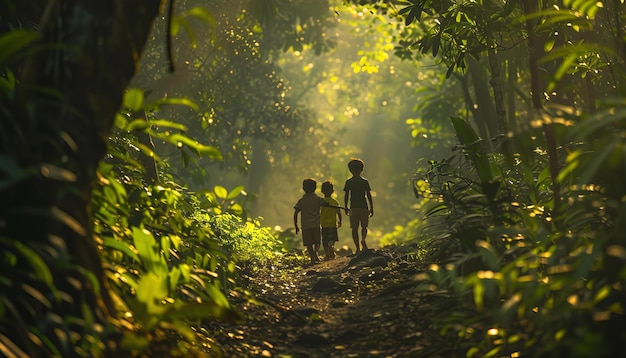 Two children exploring a sunlit mystical forest Digital art with adventure and exploration theme