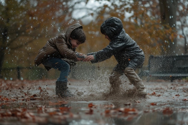 Two children fighting over toy in the park on a rainy day autumn time