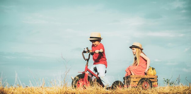 Two children having fun in field against blue sky background happy children farmers working with spu