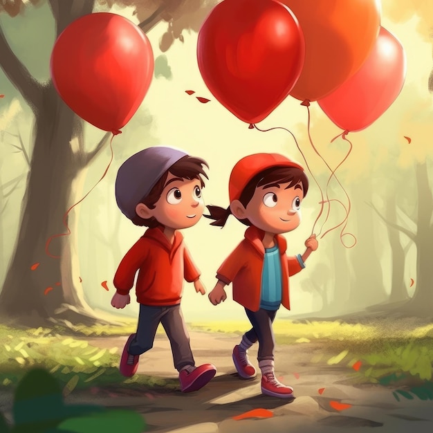 Двое детей, держащих воздушные шары, гуляют по карикатурной иллюстрации с генеративным искусственным интеллектом