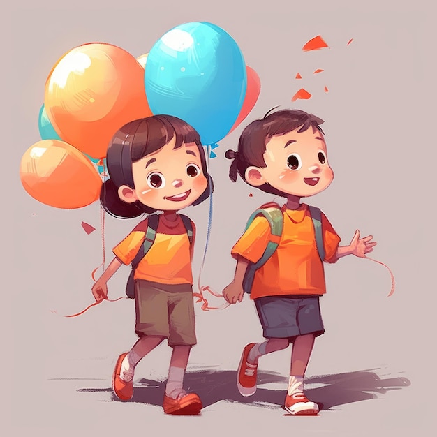 Two children holding balloons walking cartoon illustration with generative ai