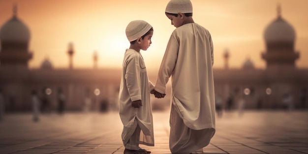Two children holding hands in a mosque