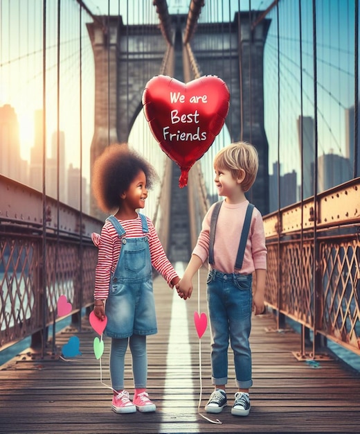 Photo two children holding hands and a red heart with the words  we are best friends  on a bridge