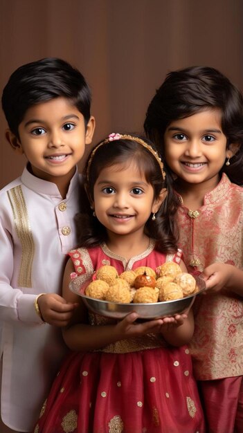 Photo two children holding a tray of muffins with a plate of cookies