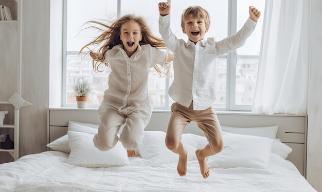 Photo two children jumping on a bed in a bedroom