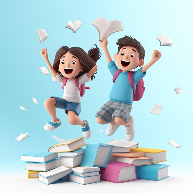 Two Children Jumping On A Pile Of Books