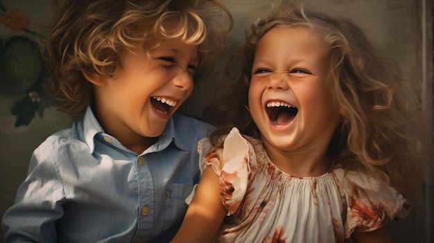 Photo two children laughing and laughing, one of them is holding a piece of paper.
