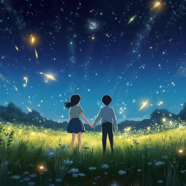 사진 하늘의 별을 바라보는 두 아이