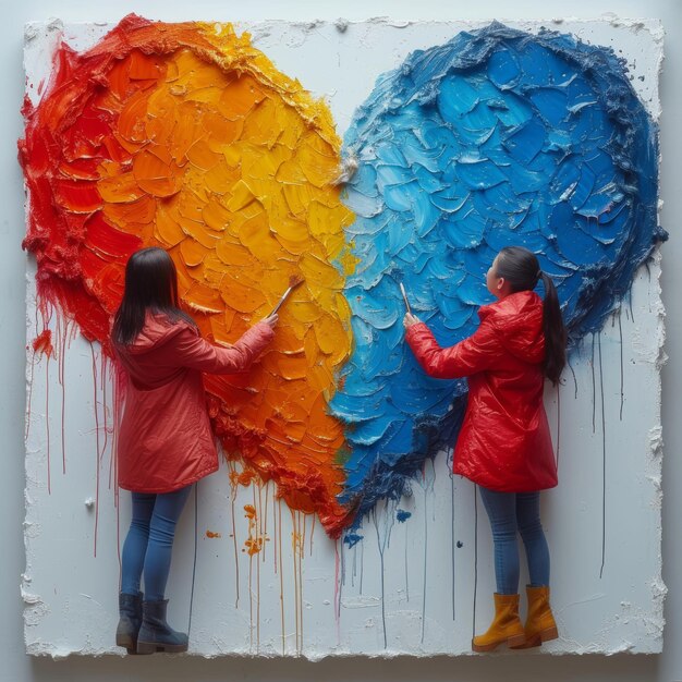 Photo two children painting a heart on a wall