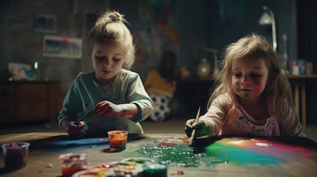 Two children painting with a yellow background