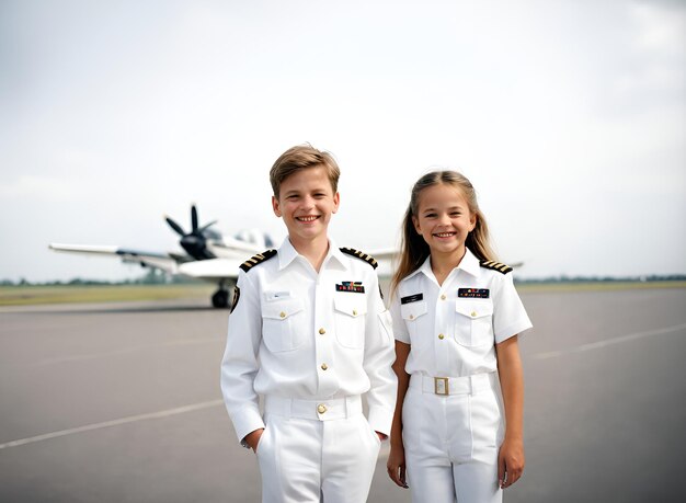 パイロットの白いユニフォームを着た2人の子供が飛行機の滑走路の前に立って笑っている