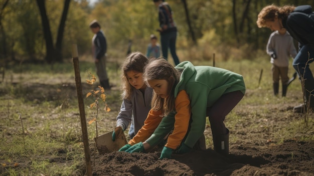 Two children planting a tree in a field