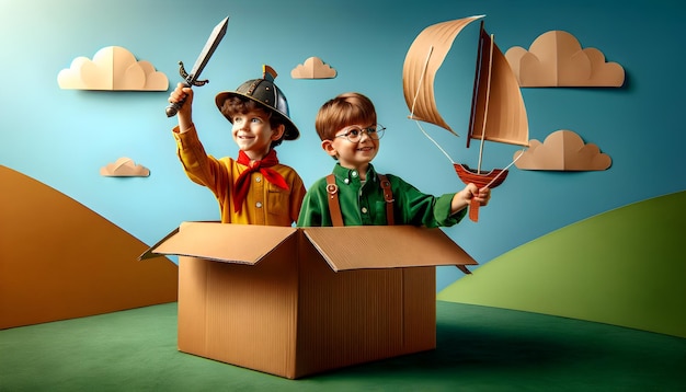 Two children play pirates with paper hats and swords in a cardboard box on a sunny day