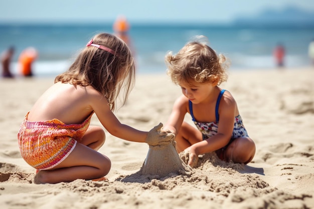 Two children playing on the beach