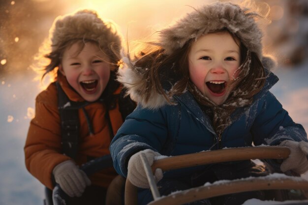 写真 2人の子供がスレッドで雪で遊んでいます