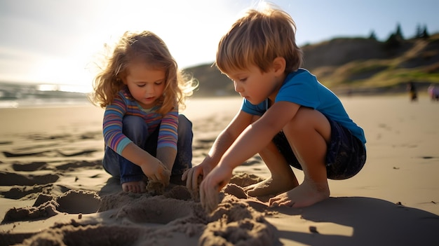 Foto due bambini che giocano nella sabbia su una spiaggia con una camicia blu ai generativa