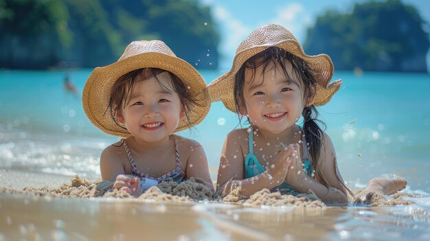 太陽の帽子をかぶって海で遊んでいる2人の子供