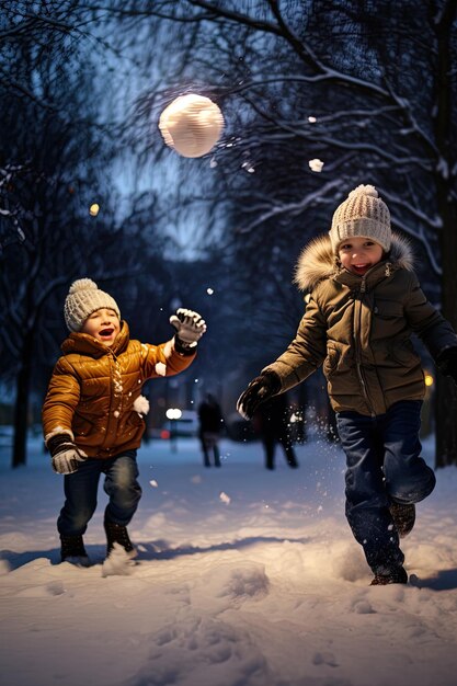 двое детей играют в снегу со снежным шаром