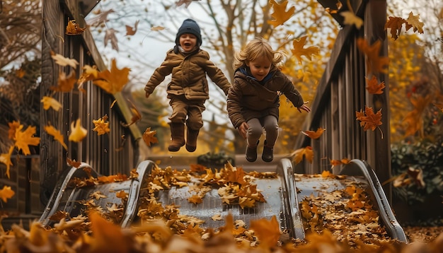 Photo two children playing soccer in a park with leaves on the ground