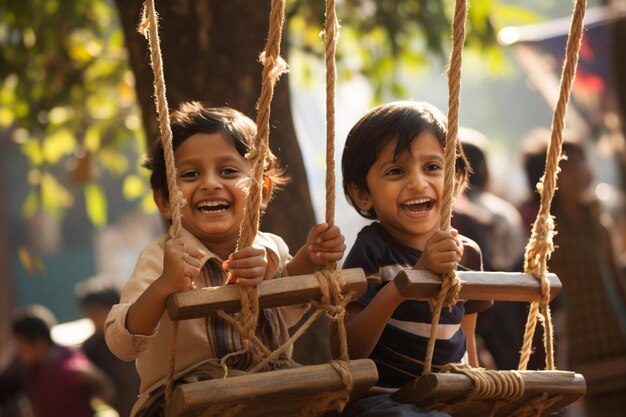 two children playing on a swing with the words " happy " on the bottom.