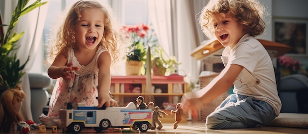 사진 두 아이가 거실에서 함께 장난감을 치고 있는 ai 생성 이미지