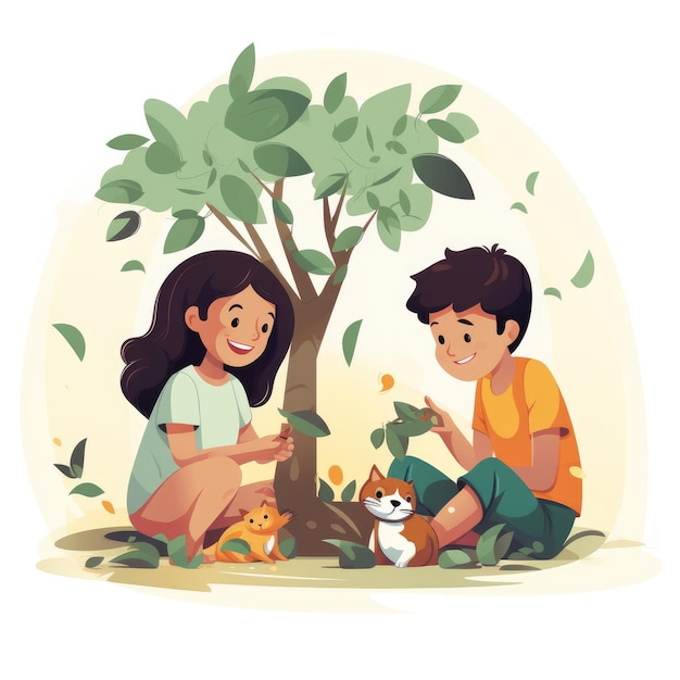 Two children playing under the tree cartoon illustration AI generated Image