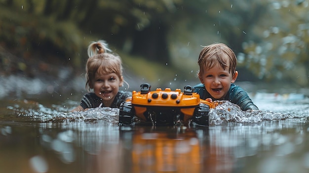 Photo two children playing in a water with a yellow tractor