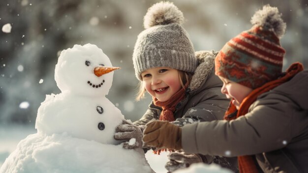 冬に雪だるまと遊んでいる2人の子供 ⁇ 