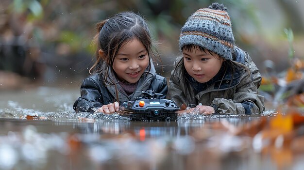 two children playing with a toy train in the water