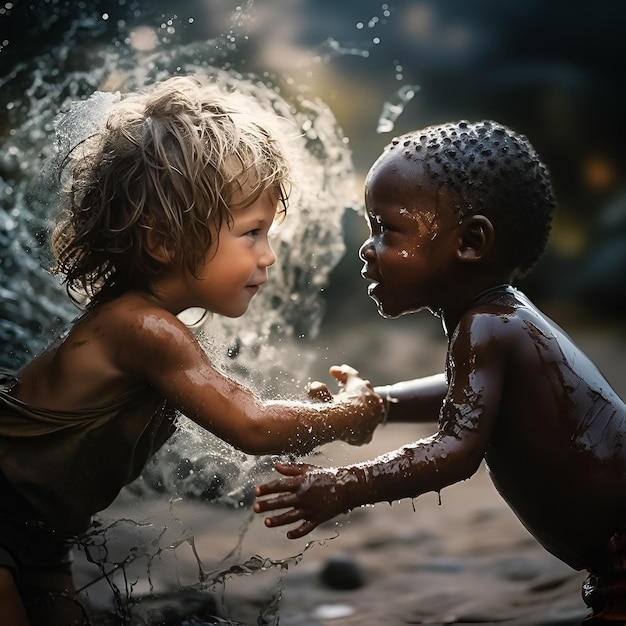 two children playing with a water fountain and one has a black background.