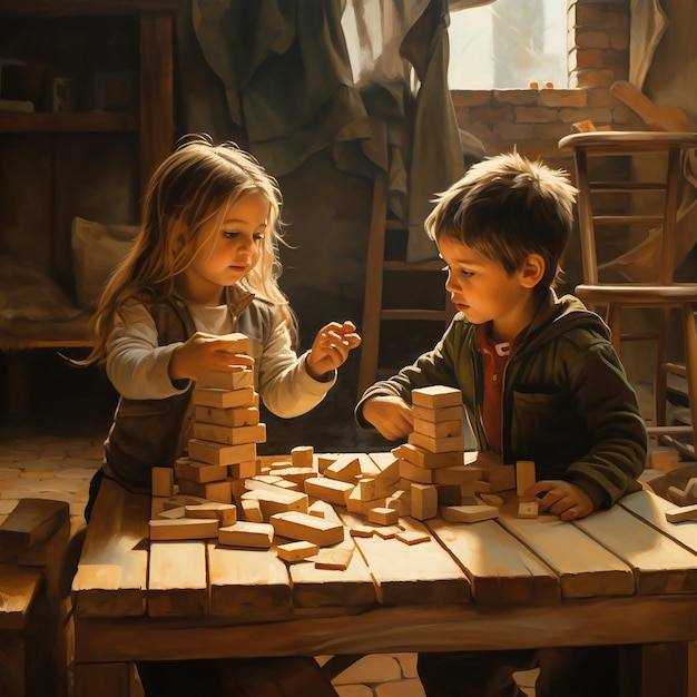 2人の子供が部屋で木のブロックで遊んでいます