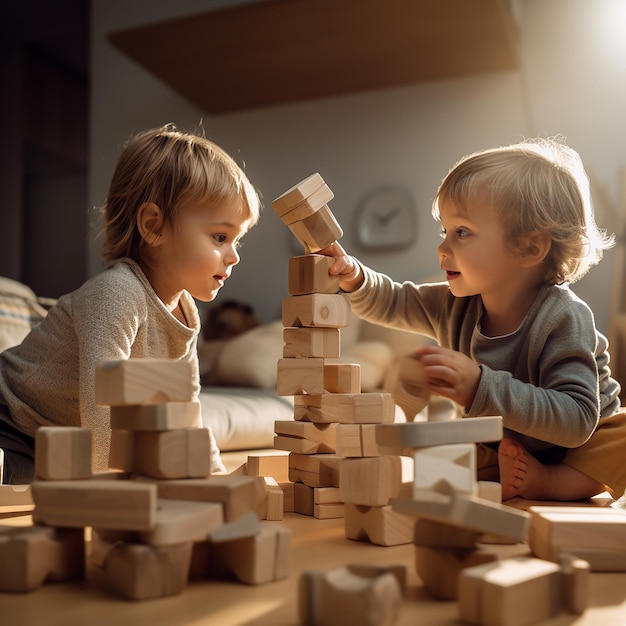 Two children playing with wooden blocks in a room