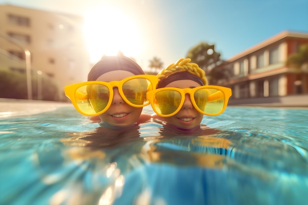 Two children in a pool wearing large yellow sunglasses