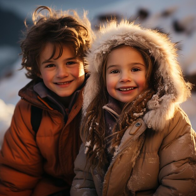 Two children posing for a picture with the snow on the ground.