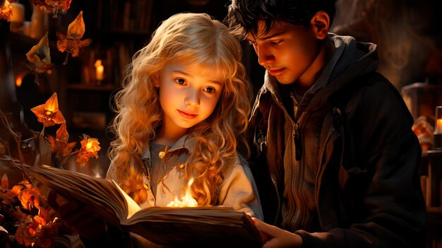 Photo two children reading a book in the dark