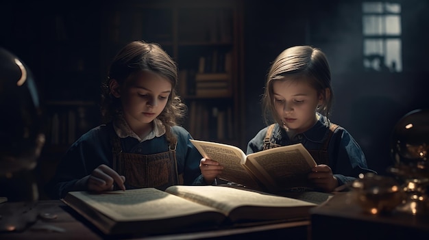 Two children reading books in a dark room.