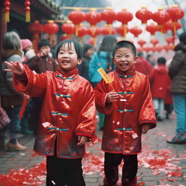 Two children in red outfits are holding a yellow fan