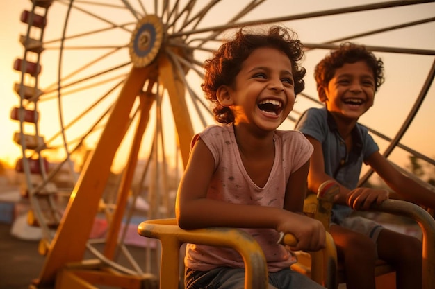 two children ride a ferris wheel at sunset.