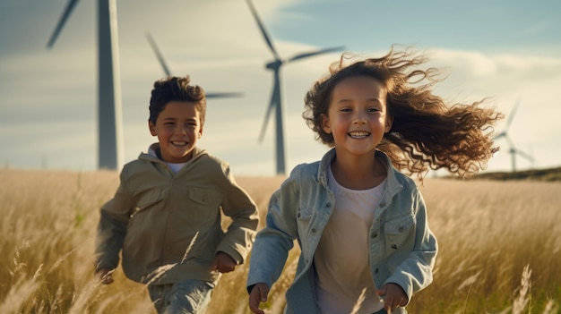 Two children run across a field and play in front of wind turbines Created with Generative AI technology