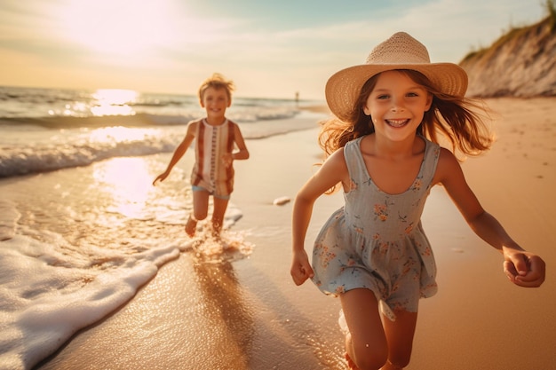 Two children running on the beach