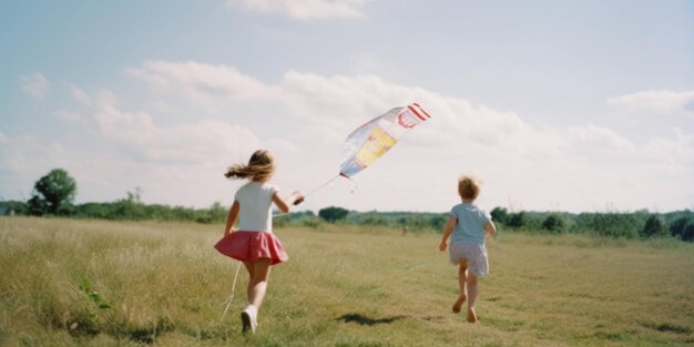 Two children running in a field with a kite