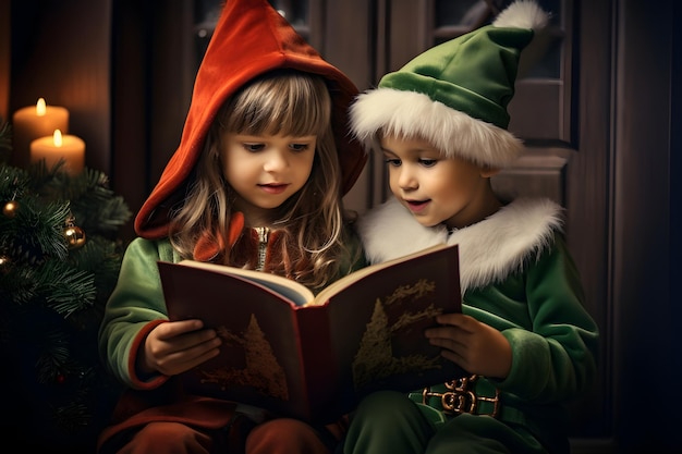 Two Children in Santa Outfit Reading a Book