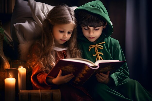 Two Children in Santa Outfit Reading a Book