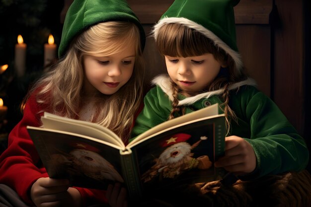 Two Children in Santa Outfit Reading a Book